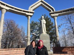 TechWomen Kyrgyzstan Delegation 2017 Katy Dickinson and IdaRose Sylvester with Kurmanjan Datka statue Bishkek