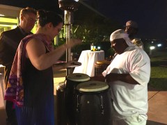 Jessica Dickinson Goodman and John Plocher with drummers at Families Without Borders Gala 10 June 2017