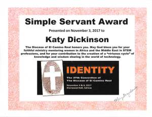 ECR Simple Servant Award to Katy Dickinson 3 Nov 2017
