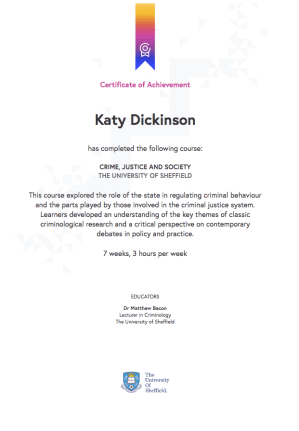 2017 FutureLearn University of Sheffield Crime Justice and Society certificate July 2017
