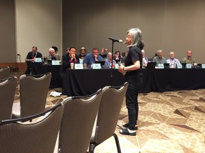 Rev. Irene Tanabe of Hawaii speaking for immigration reform GC79, 7 July 2018