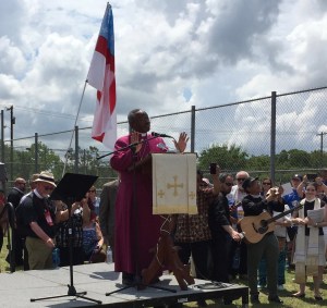 Presiding Bishop Michael Curry with Episcopal General Convention at Hutto Detention Center outside Austin TX 8 July 2018