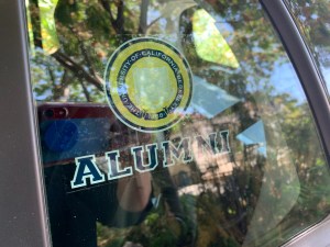 Cal sticker on Katy Dickinson flaming 2017 SmartCar