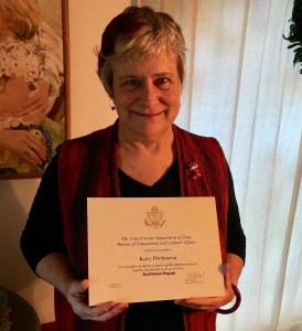 Katy Dickinson with TechWomen US State Department certificate Christmas 2019