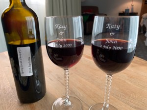 Katy and John wineglasses, 20th anniversary, 4 July 2020