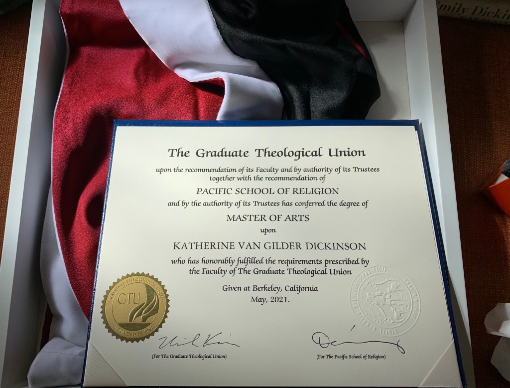 Katy Dickinson GTU - MA Diploma and hood, May 2021