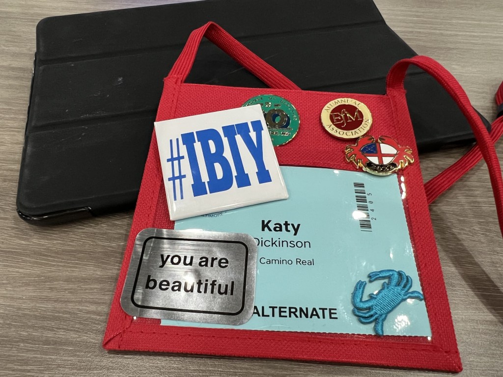 Katy Dickinson badge and iPad, General Convention, 11 July 2022