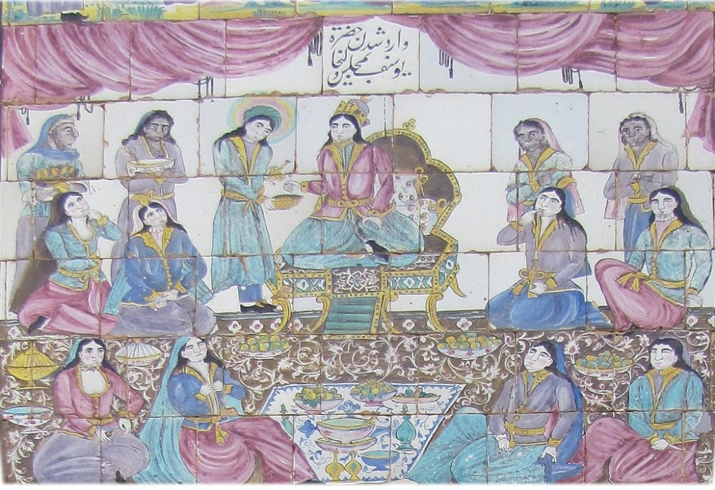 Yusuf in Zuleikha's party. Painting in Takyeh Moaven-ol-Molk, Kermanshah, Iran