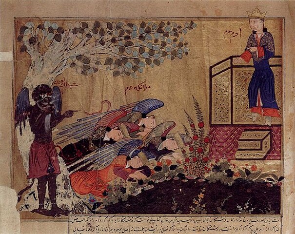 Satan with Angels and Adam, Bal'ami, Annals of al-Tabari manuscript, 1413-1416, Topkapı Saray Museum, Istanbul, Turkey,