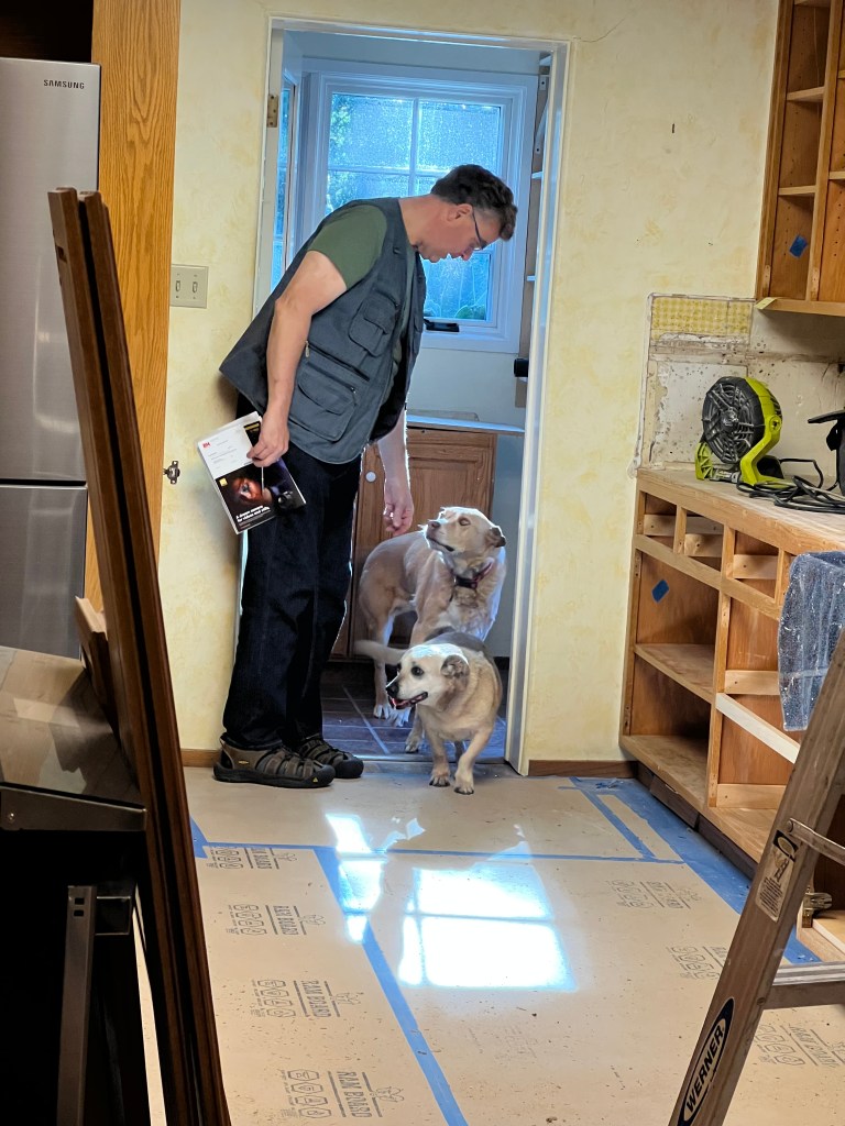 John Plocher and dogs, kitchen 29 Aug 2023