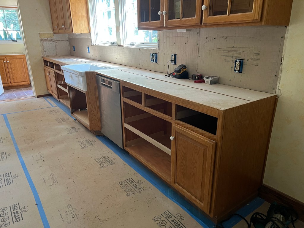 kitchen with new backer boards, 24 Aug 2023