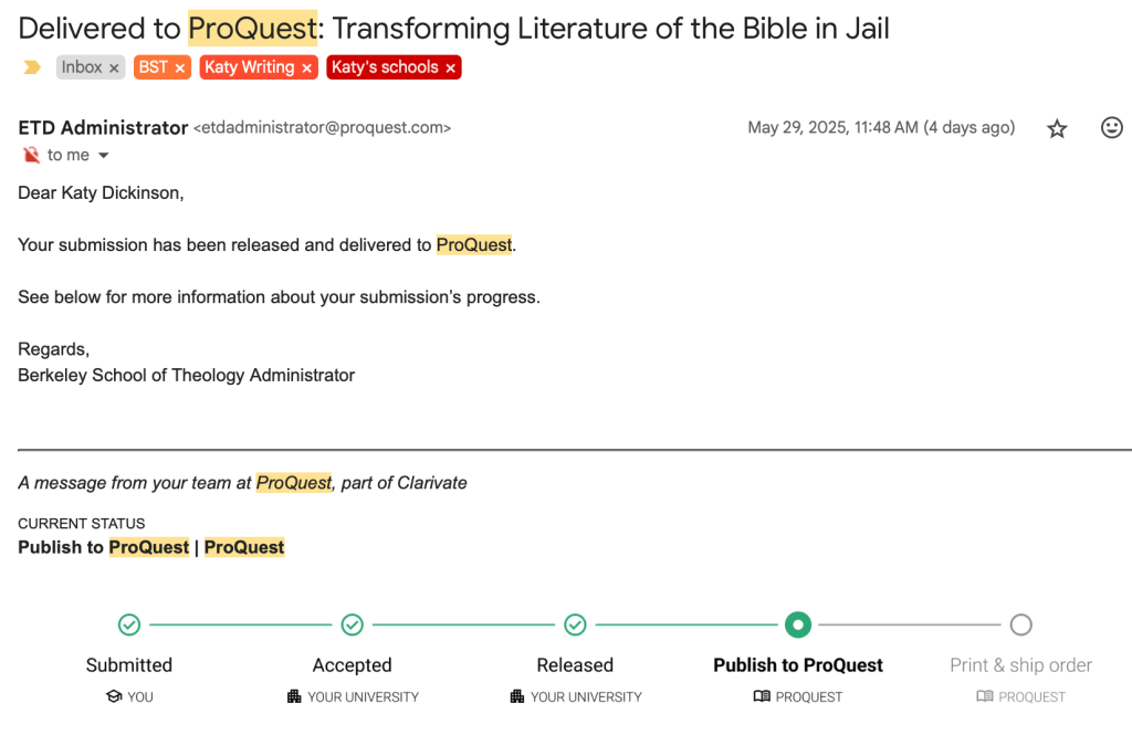 ProQuest Dissertation Update, Katy Dickinson, 29 May 2025